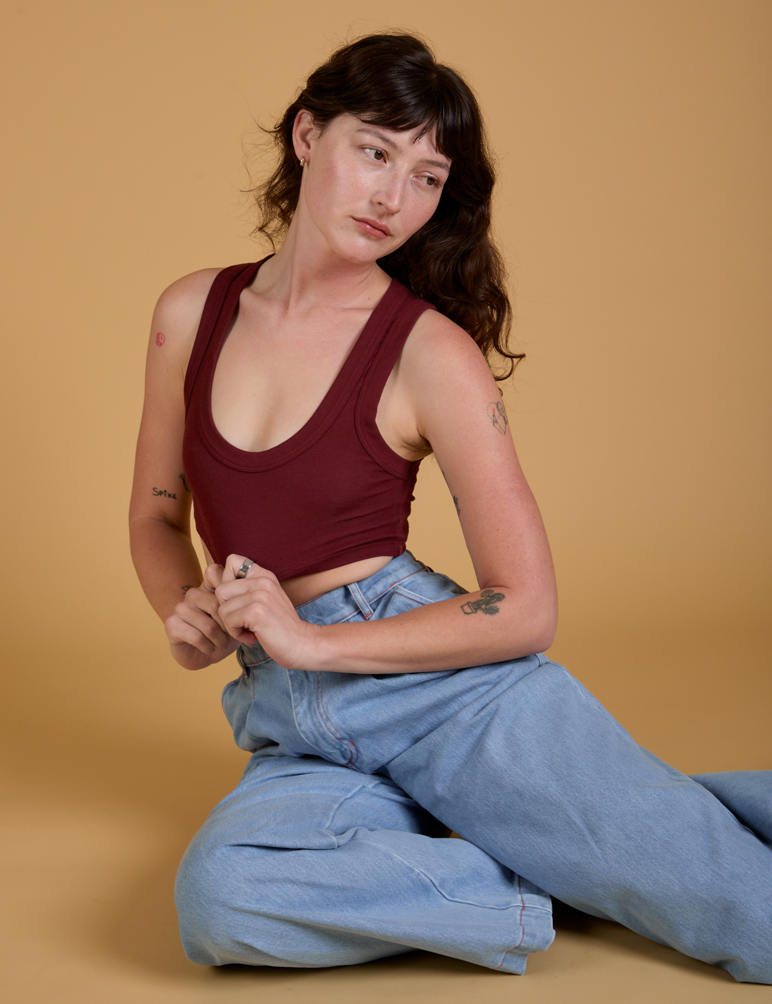 Mini Tank in Red Wine on Alex paired with a light wash Indigo Wide Leg Trousers