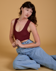 Mini Tank in Red Wine on Alex paired with a light wash Indigo Wide Leg Trousers
