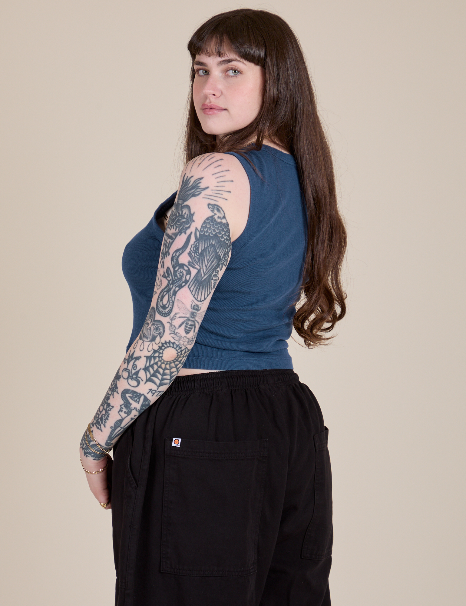 Angled back view of Muscle Tee in French Blue on Sydney