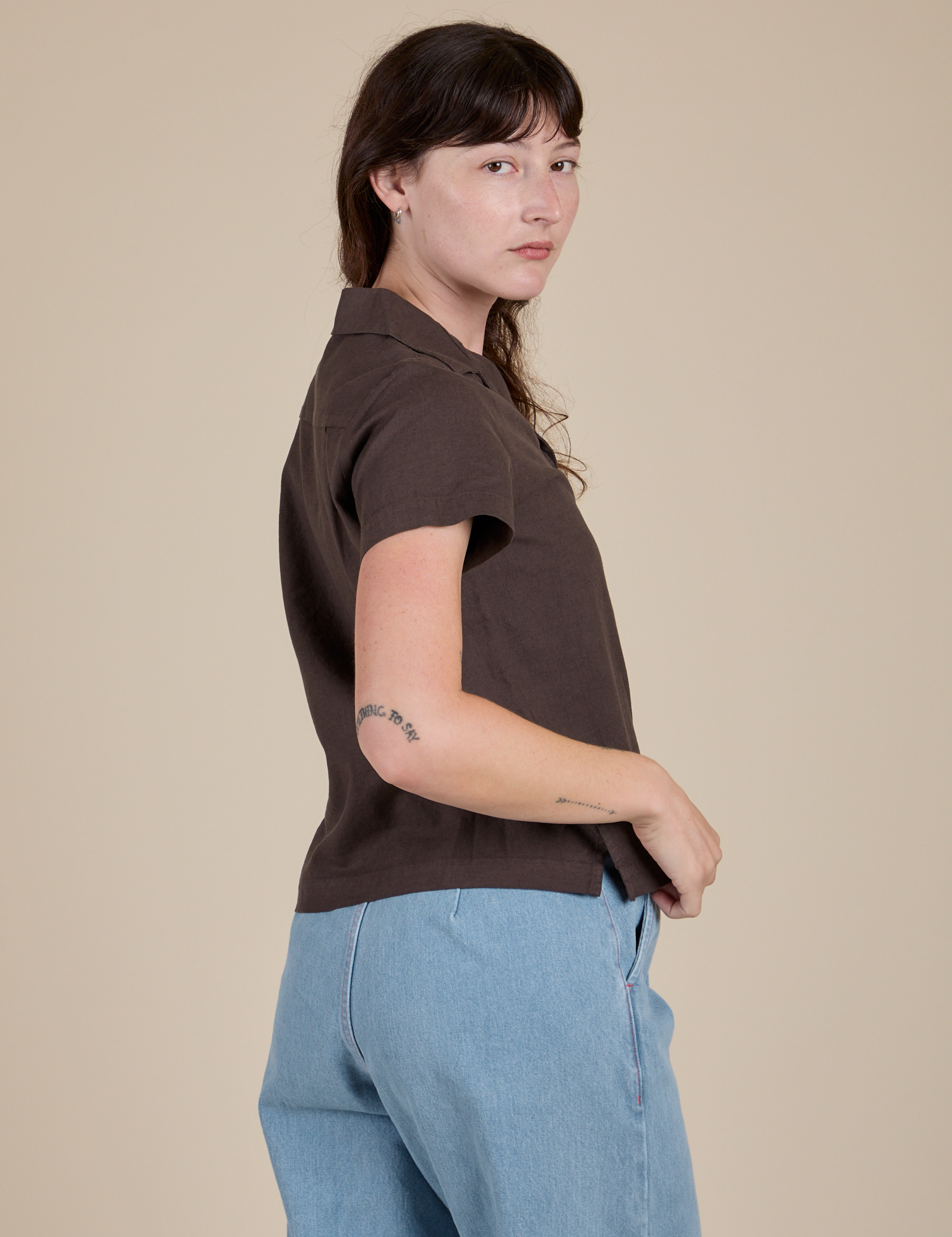 Pantry Button-Up in Espresso Brown side view on Alex