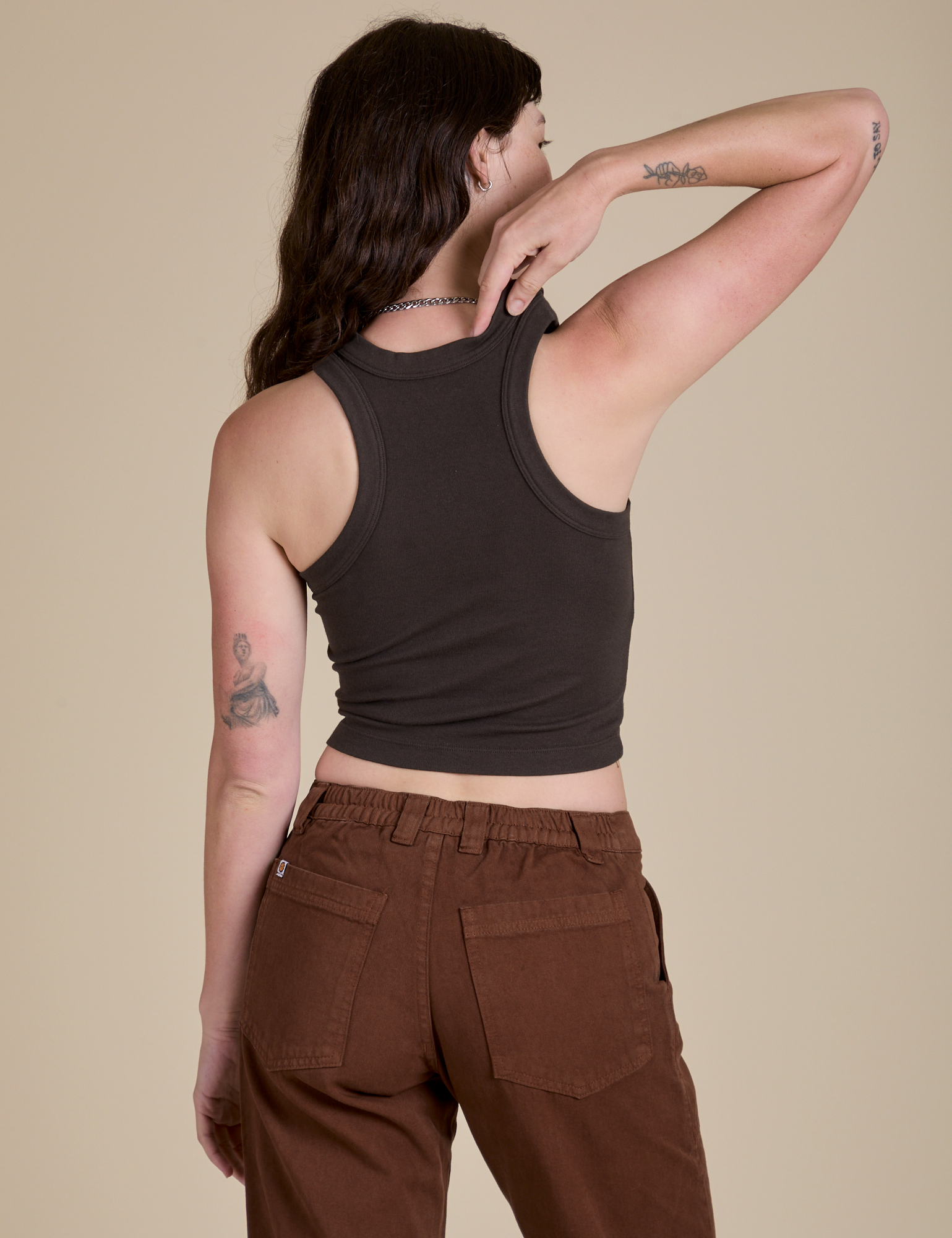 Racerback Tank in Espresso Brown back view on Alex