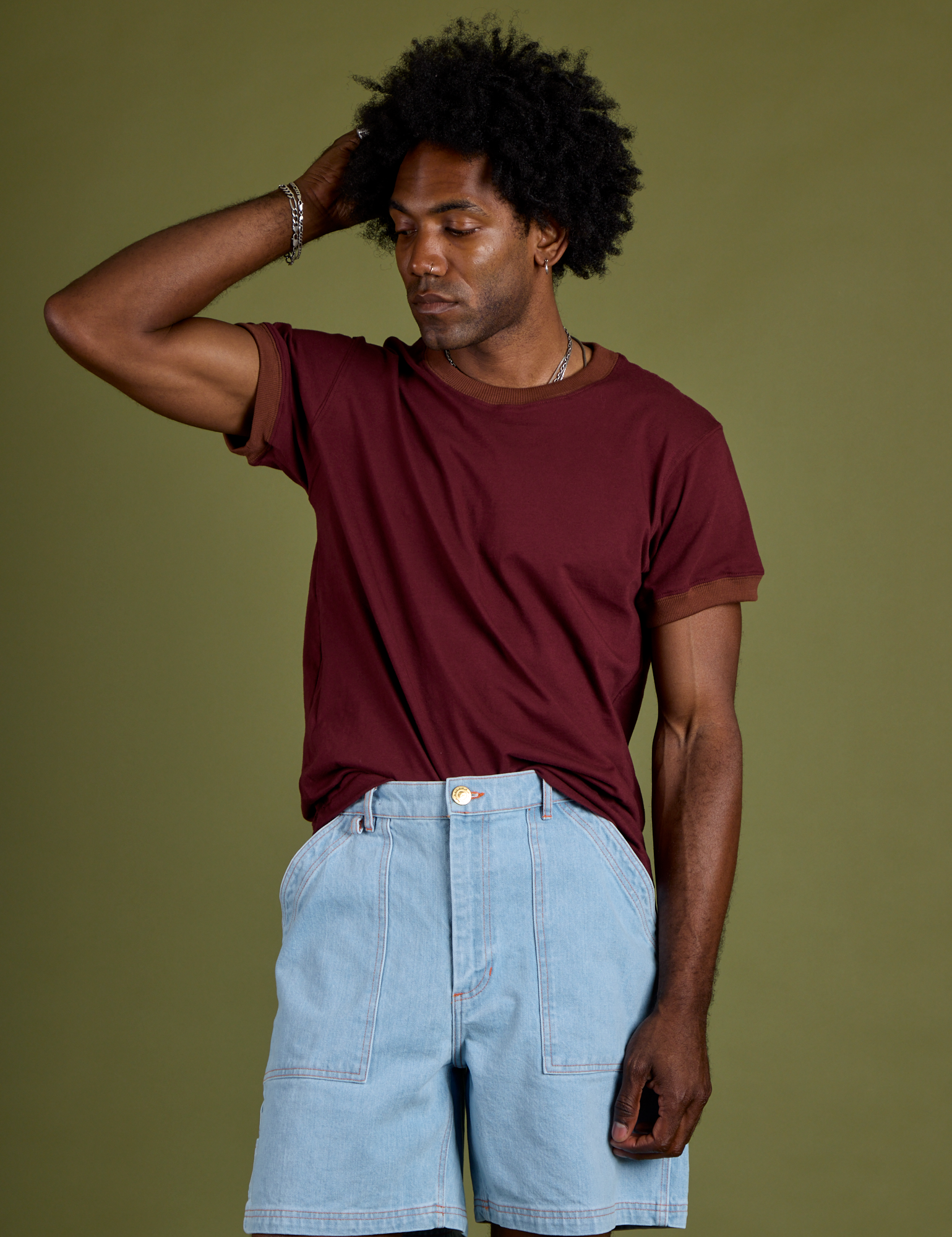 Vintage Ringer Tee in Red Wine worn by Jerrod