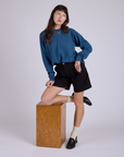 Pleated Trouser Shorts in Basic Black and Long Sleeve Burly Tee in French Blue on Alex