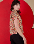Side view of Hot Stuff Print Pantry Button-Up on Alex