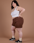 Side view of Classic Work Shorts in Fudgesicle Brown and Cropped Tank in Vintage Tee White on Ashley