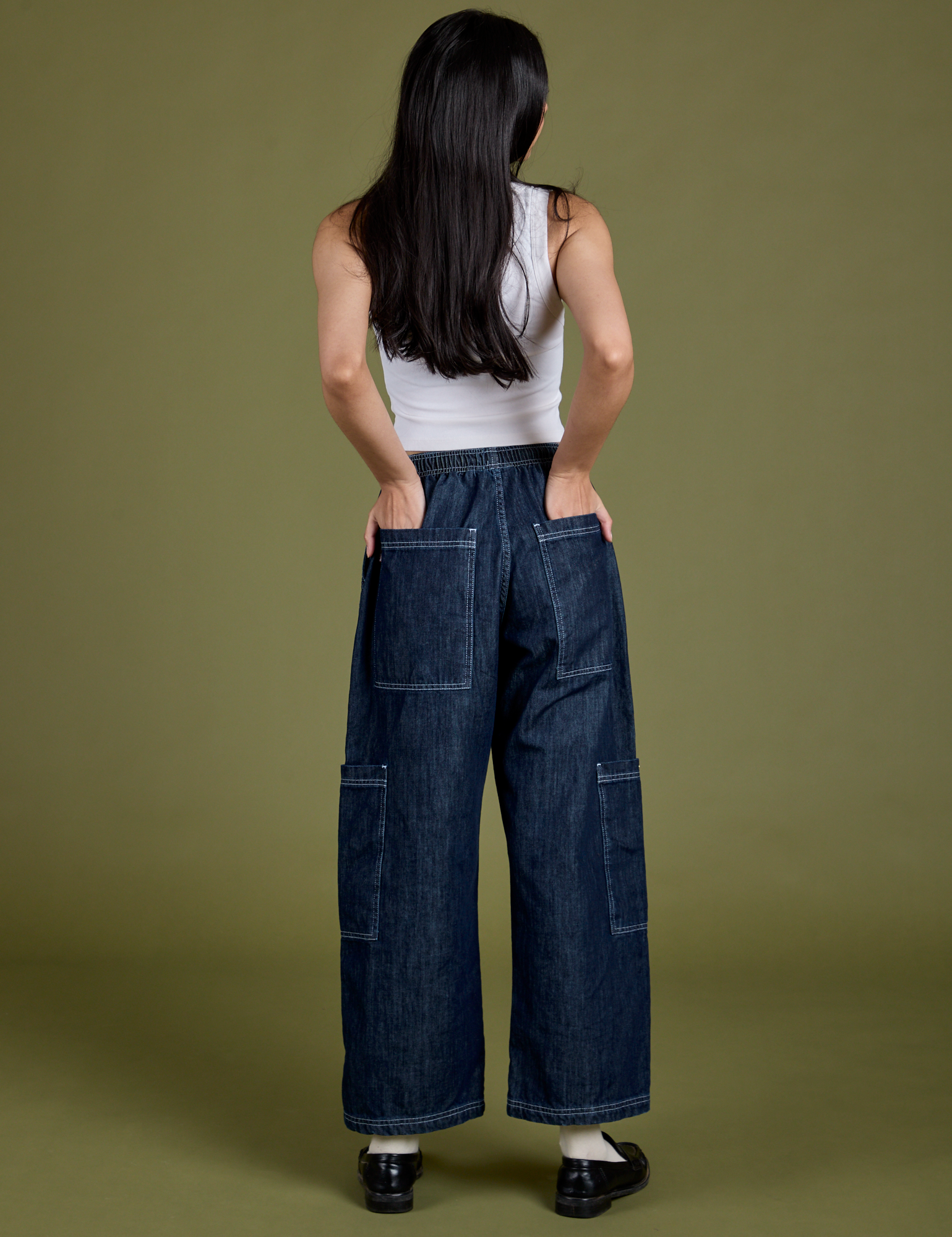 Denim Drop Pocket Pants in Dark Wash back view on Anjaline