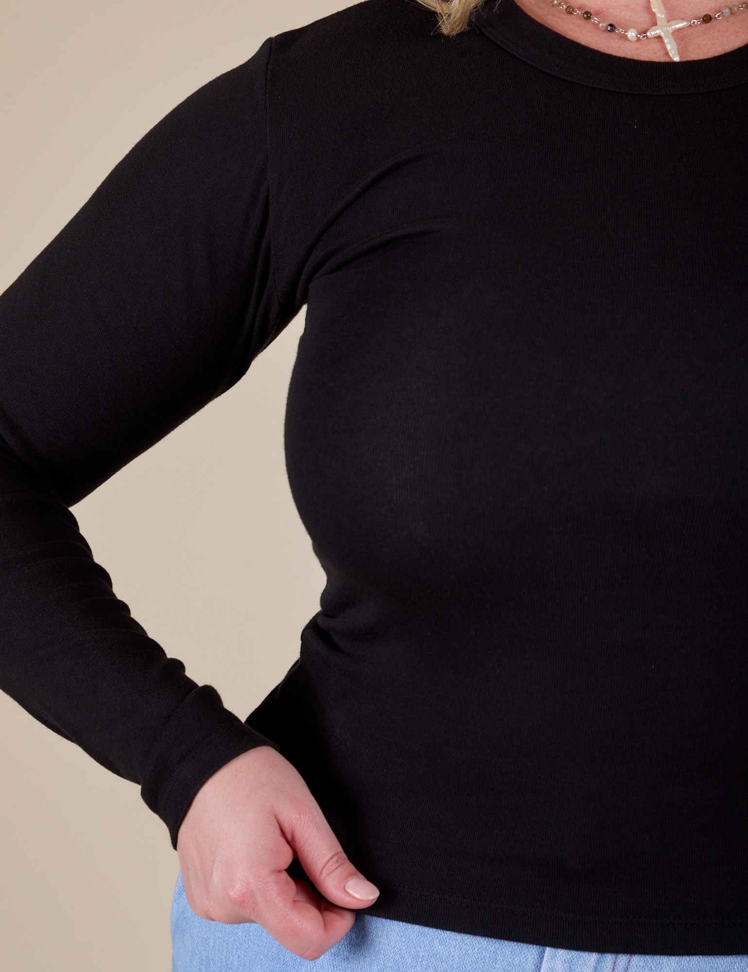 Long Sleeve Baby Tee in Basic Black close up on Lish