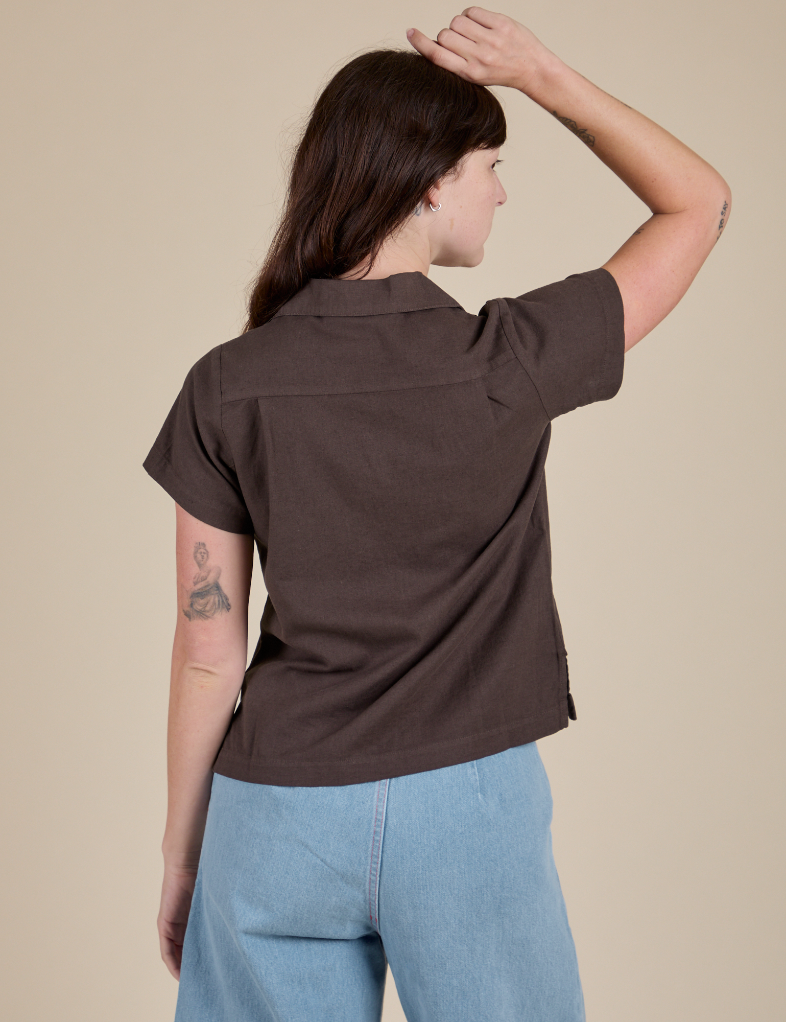 Pantry Button-Up in Espresso Brown back view on Alex