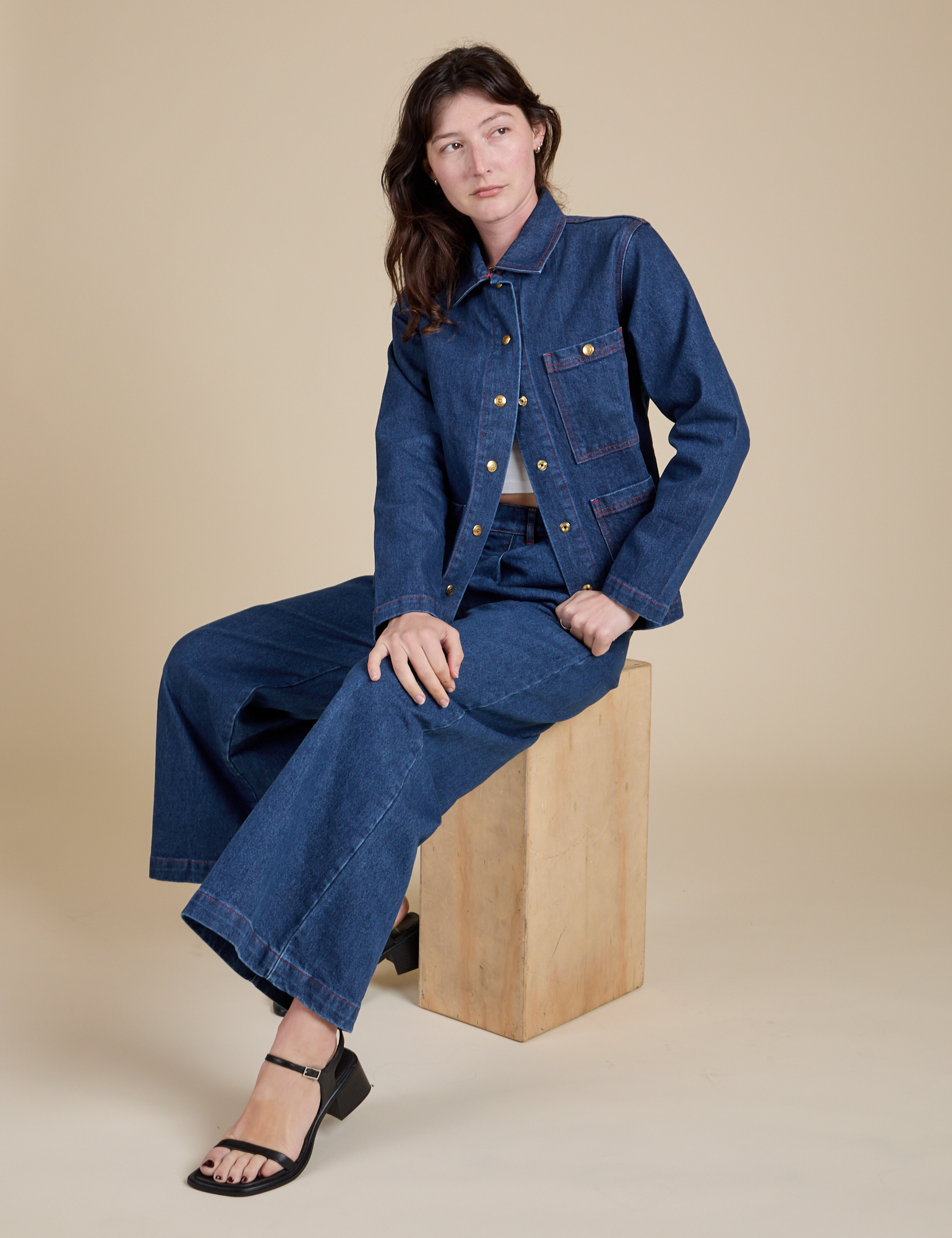 Indigo Denim Work Jacket in Dark Wash and Indigo Wide Leg Trousers in Dark Wash on Alex