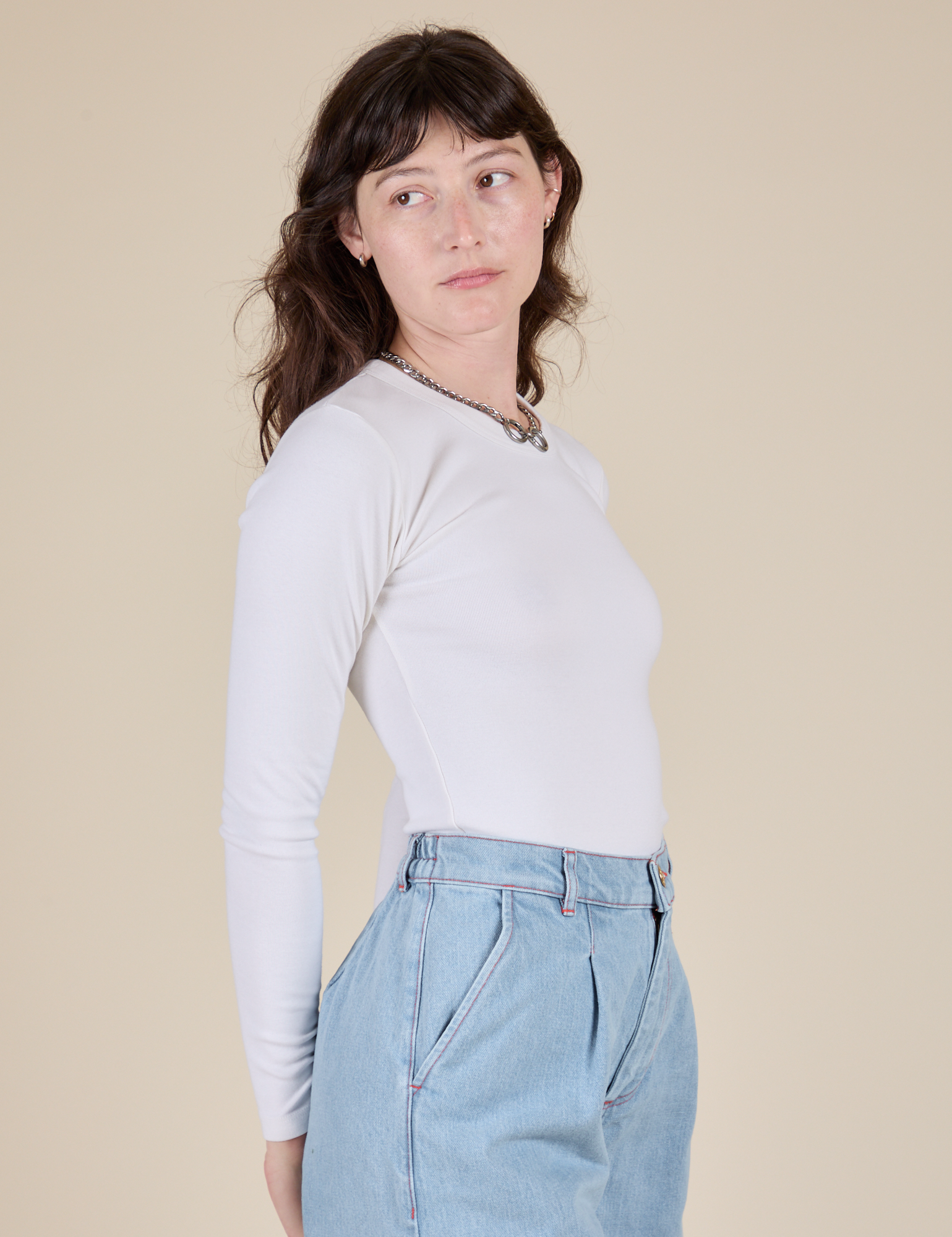 Long Sleeve Baby Tee in Vintage Tee Off-White side view on Alex