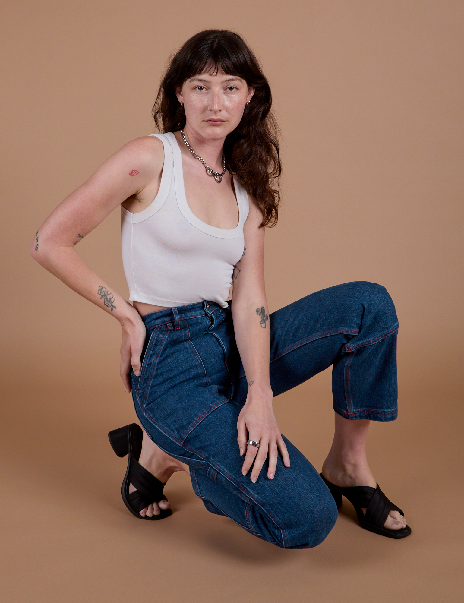 Carpenter Jeans in Dark Wash and Cropped Tank in Vintage Tee White on Alex