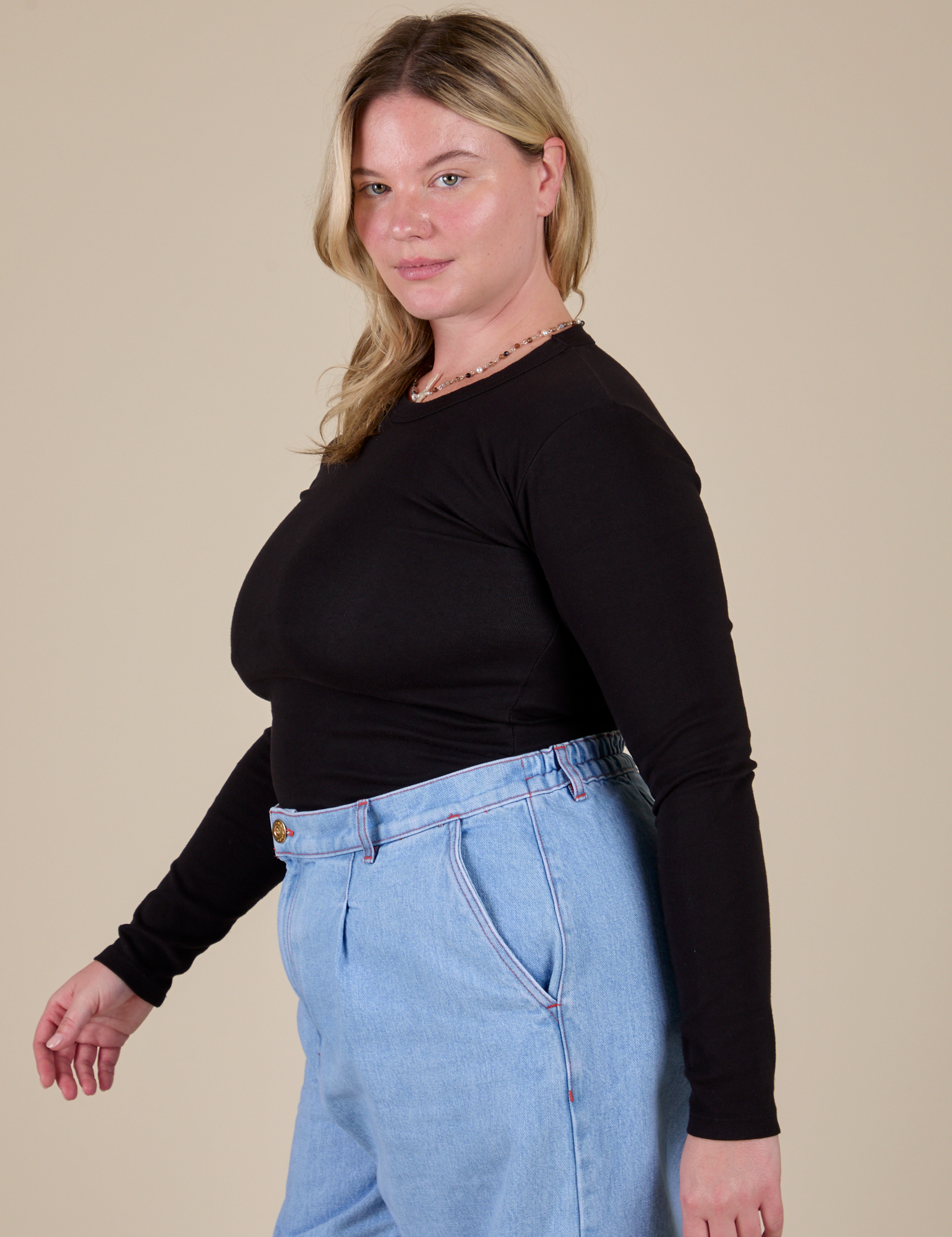 Long Sleeve Baby Tee in Basic Black side view on Lish