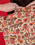 Hot Stuff Print Pantry Button-Up back close up on Alex