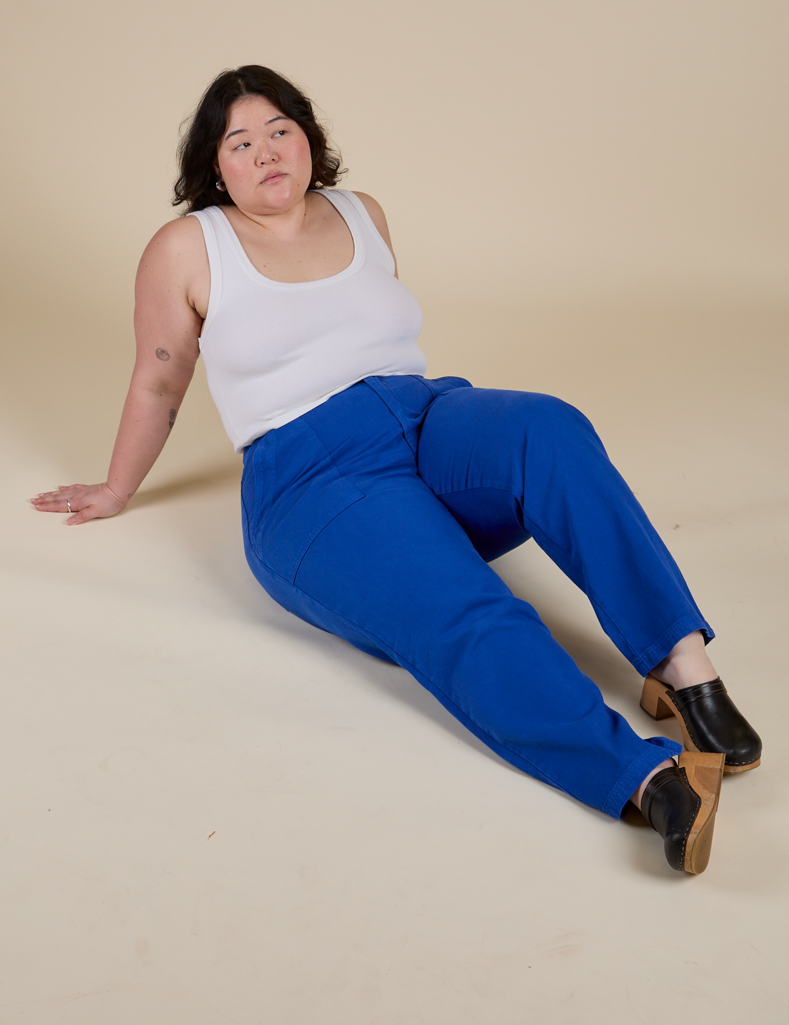Work Pants in Royal Blue and Cropped Tank in Vintage Tee White on Ashley