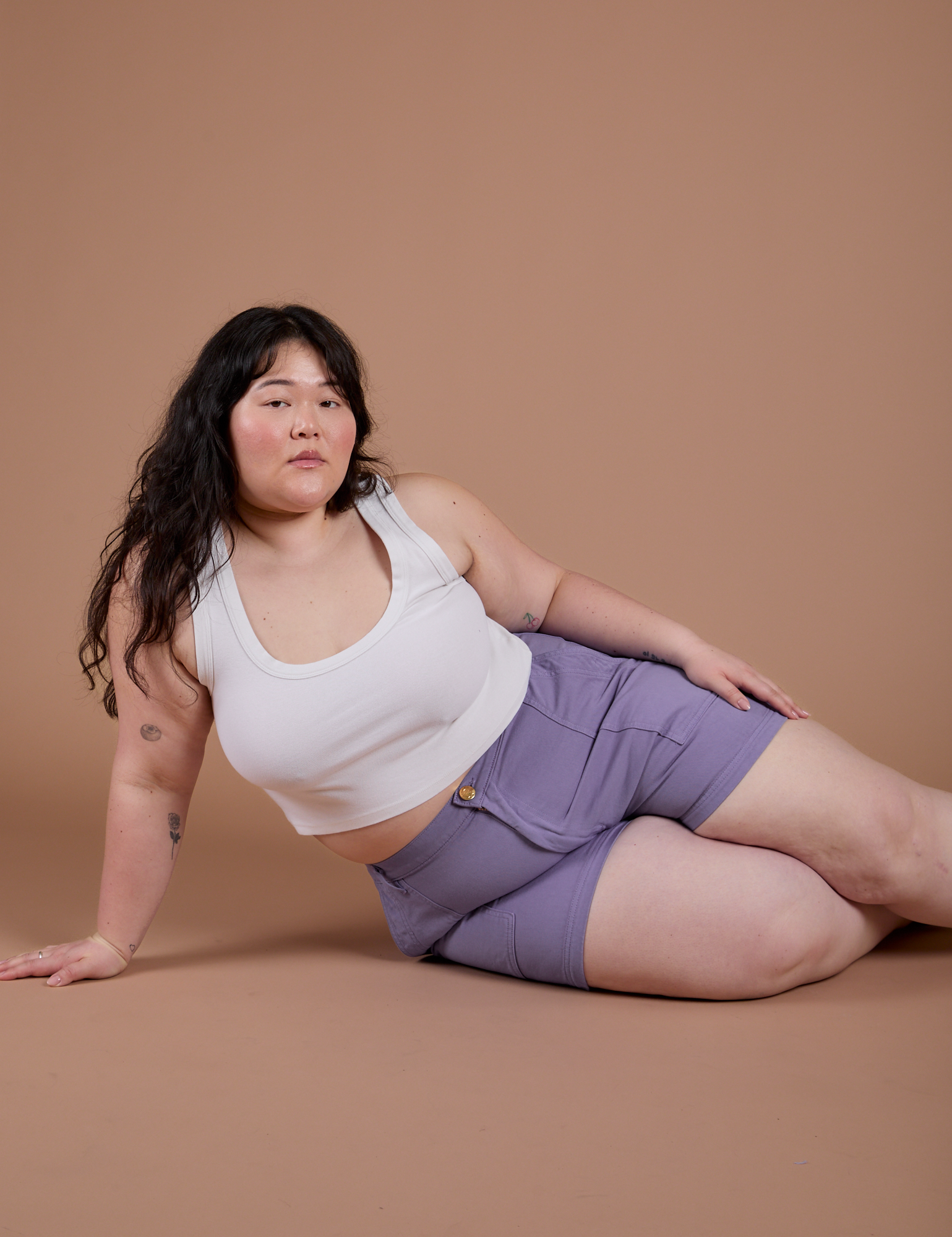 Classic Work Shorts in Faded Grape and Cropped Tank in Vintage Tee White on Ashley