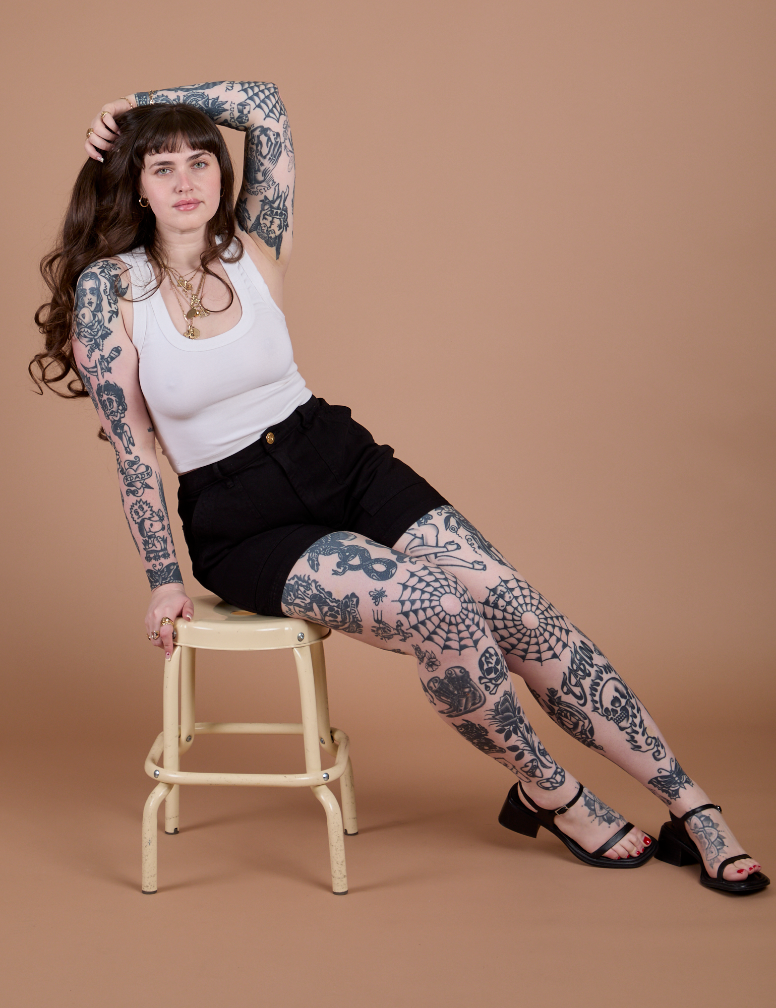 Classic Work Shorts in Basic Black and Cropped Tank in Vintage Tee White worn by Sydney