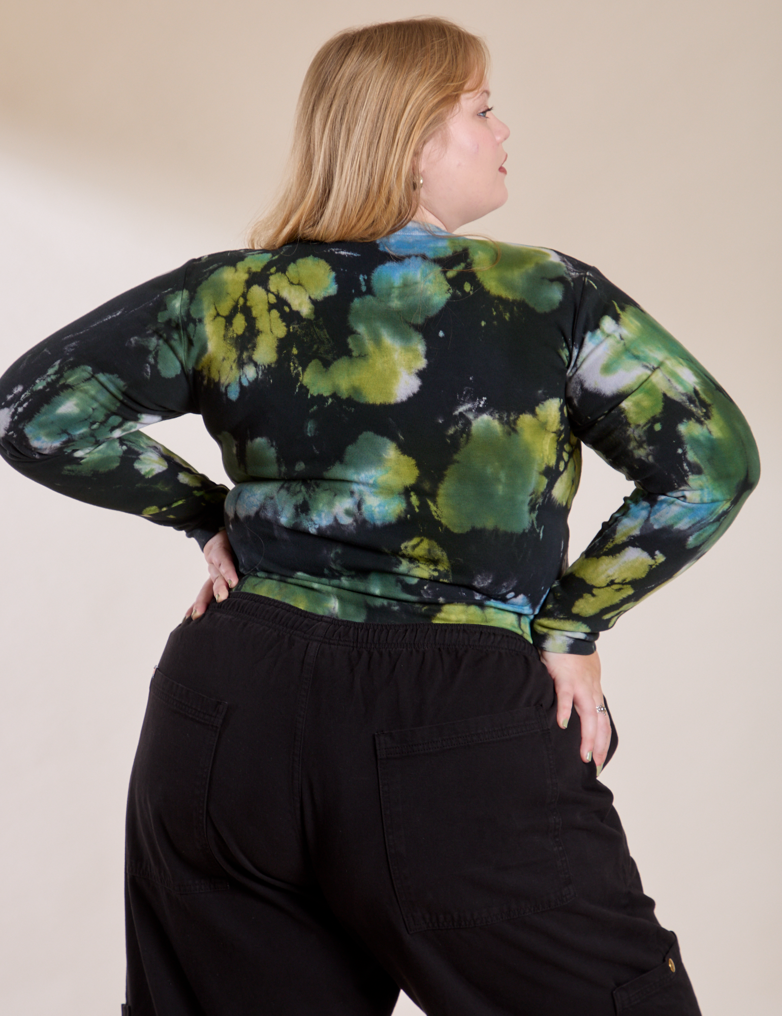 Long Sleeve Baby Tee in Green Pool back view on Juliet