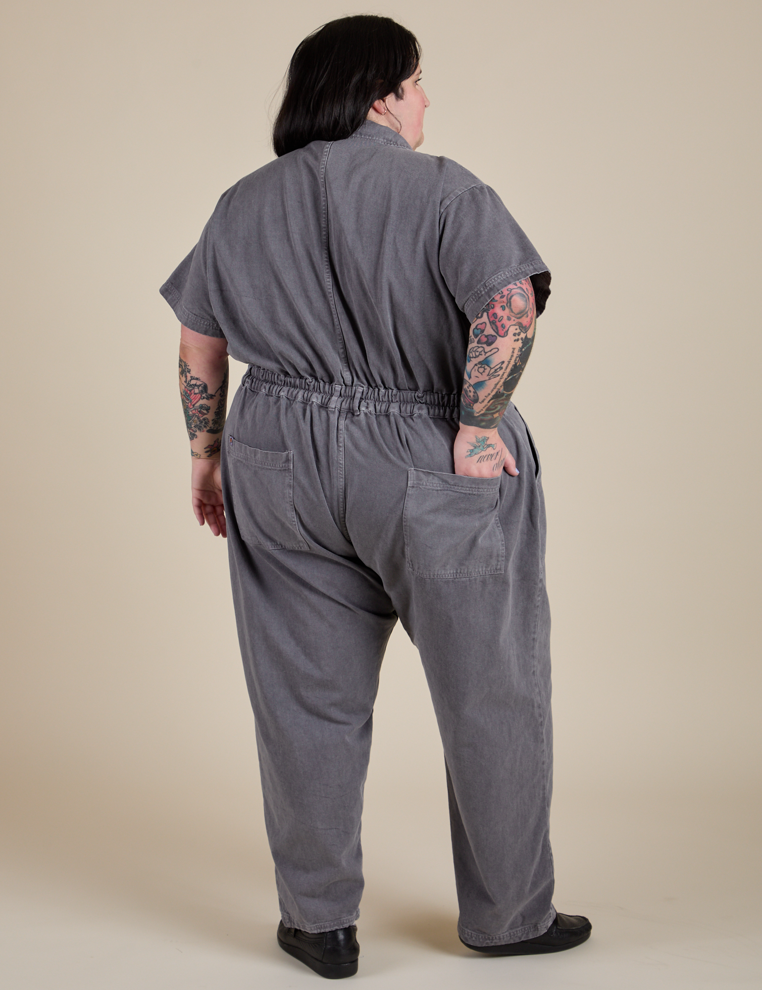 Short Sleeve Jumpsuit in Washed Grey back view on Sam