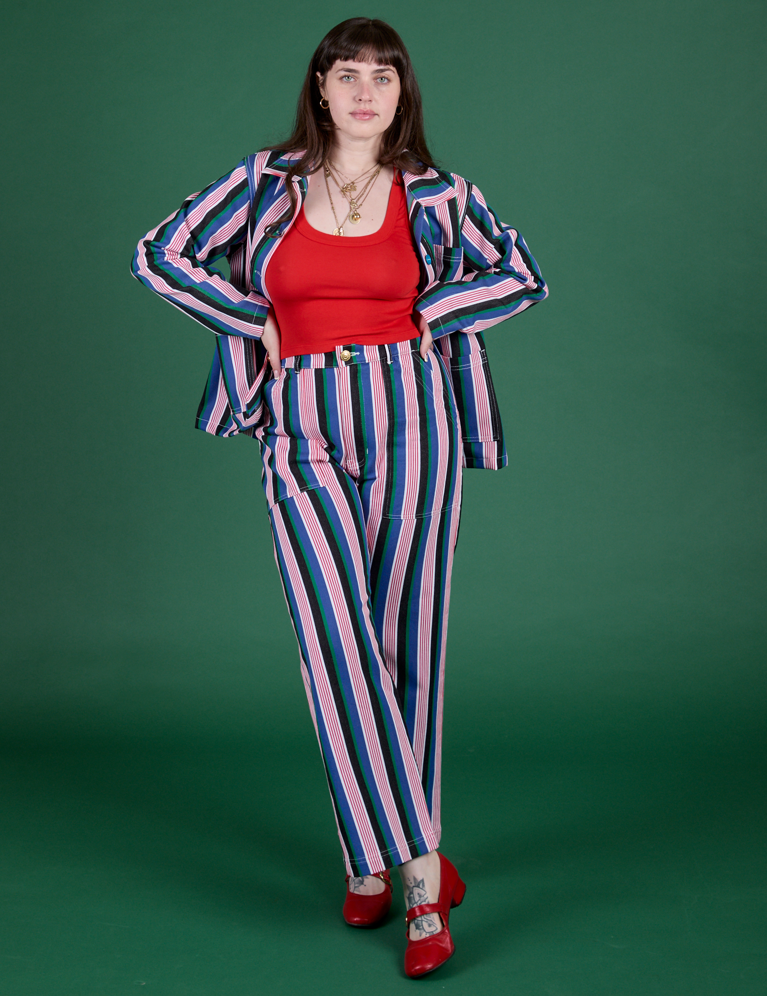 Sydney is wearing  Work Pants in Pacific Stripe paired with matching Work Jacket