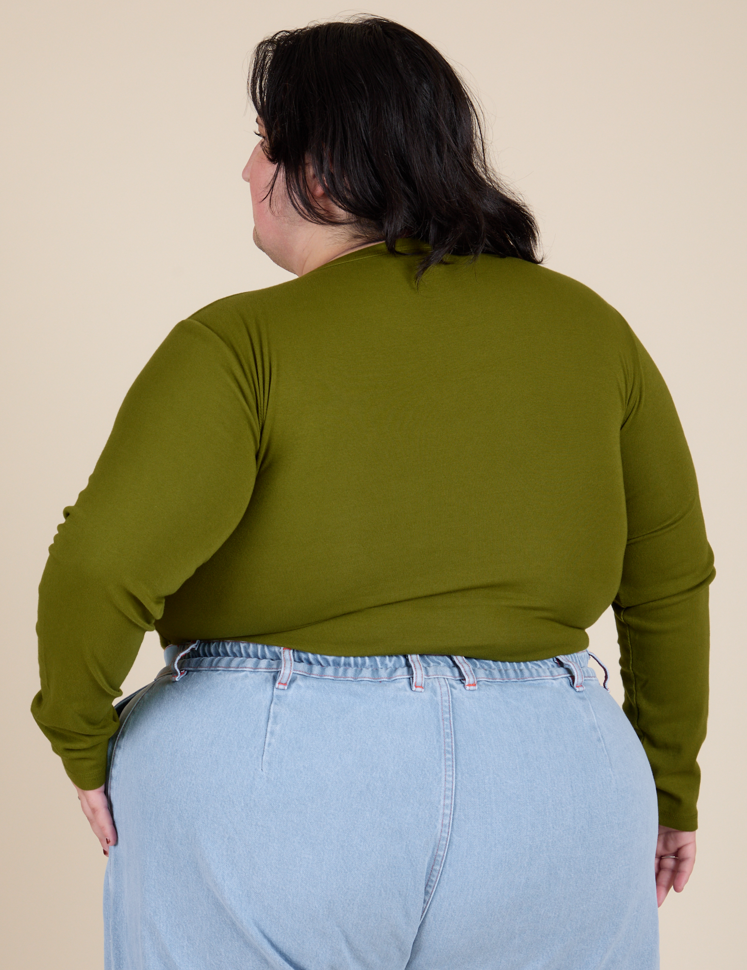 Long Sleeve Baby Tee in Summer Olive back view on Sam
