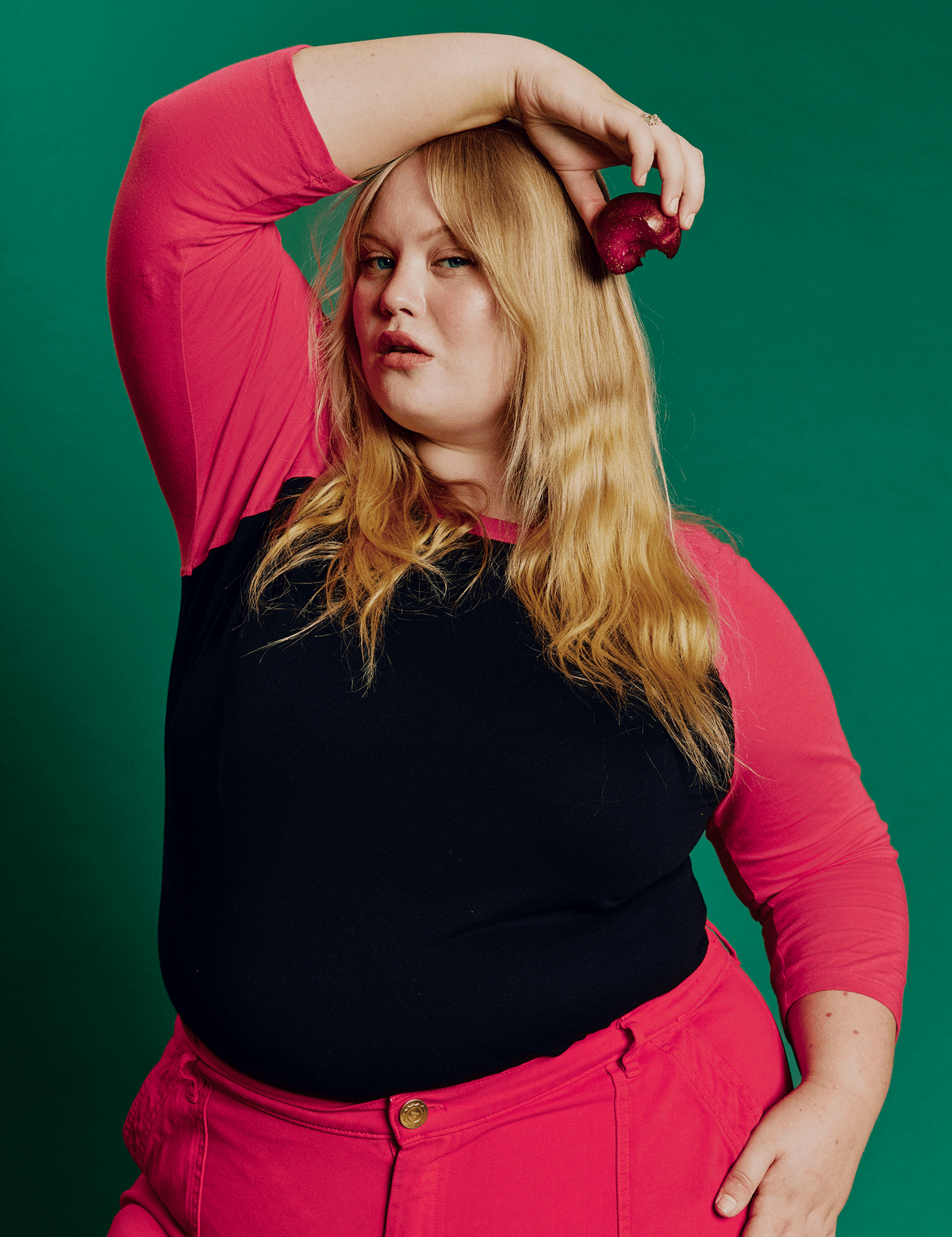 Juliet is 5'7" and wearing L Black/Pink Colorblock Raglan Tee