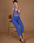 Alex wearing the Cornflower Blue Action Pant with the Faded Grape Cropped Tank