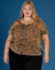 Juliet wearing the Tiger Pantry Buttoned Up