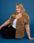Juliet wearing the Tiger Pantry Button Up