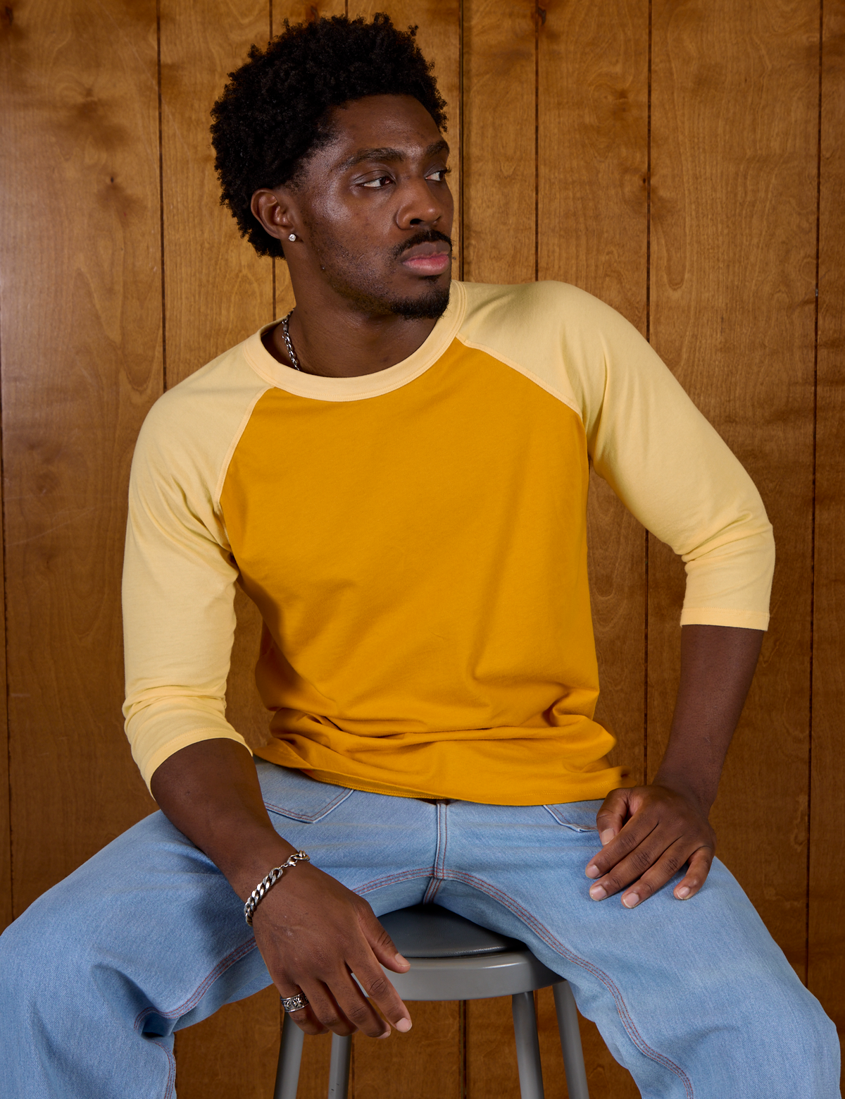 Isaac in the Mustard Yellow/Butter Raglan Tee
