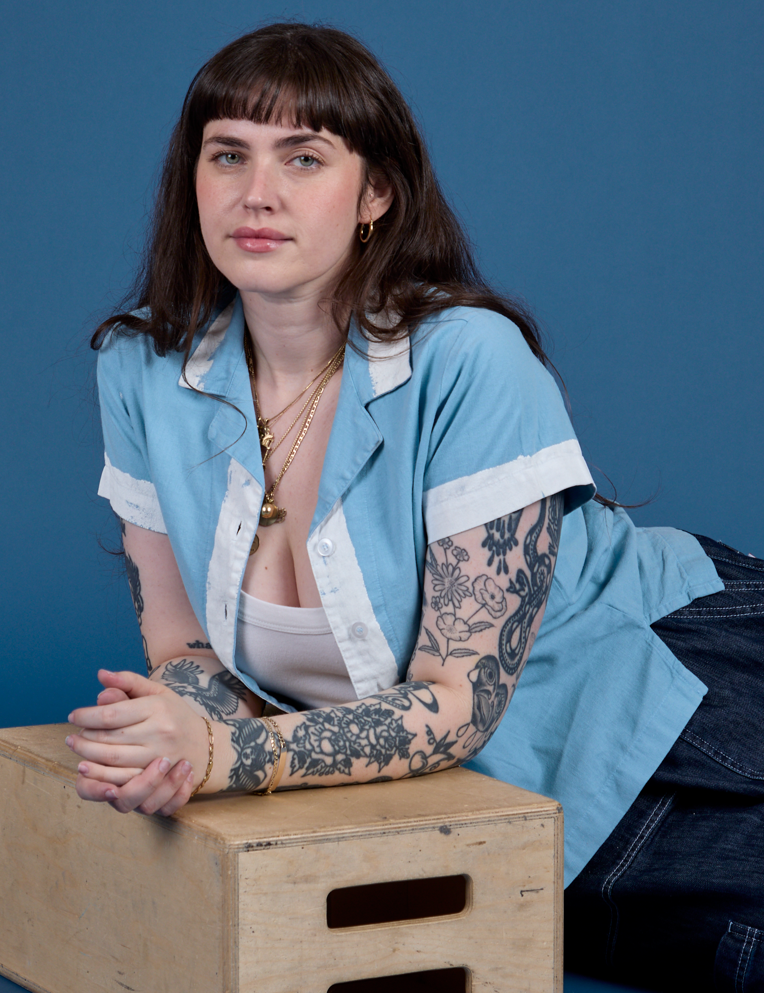 Painted Pantry Button-Up in Baby Blue worn by Sydney