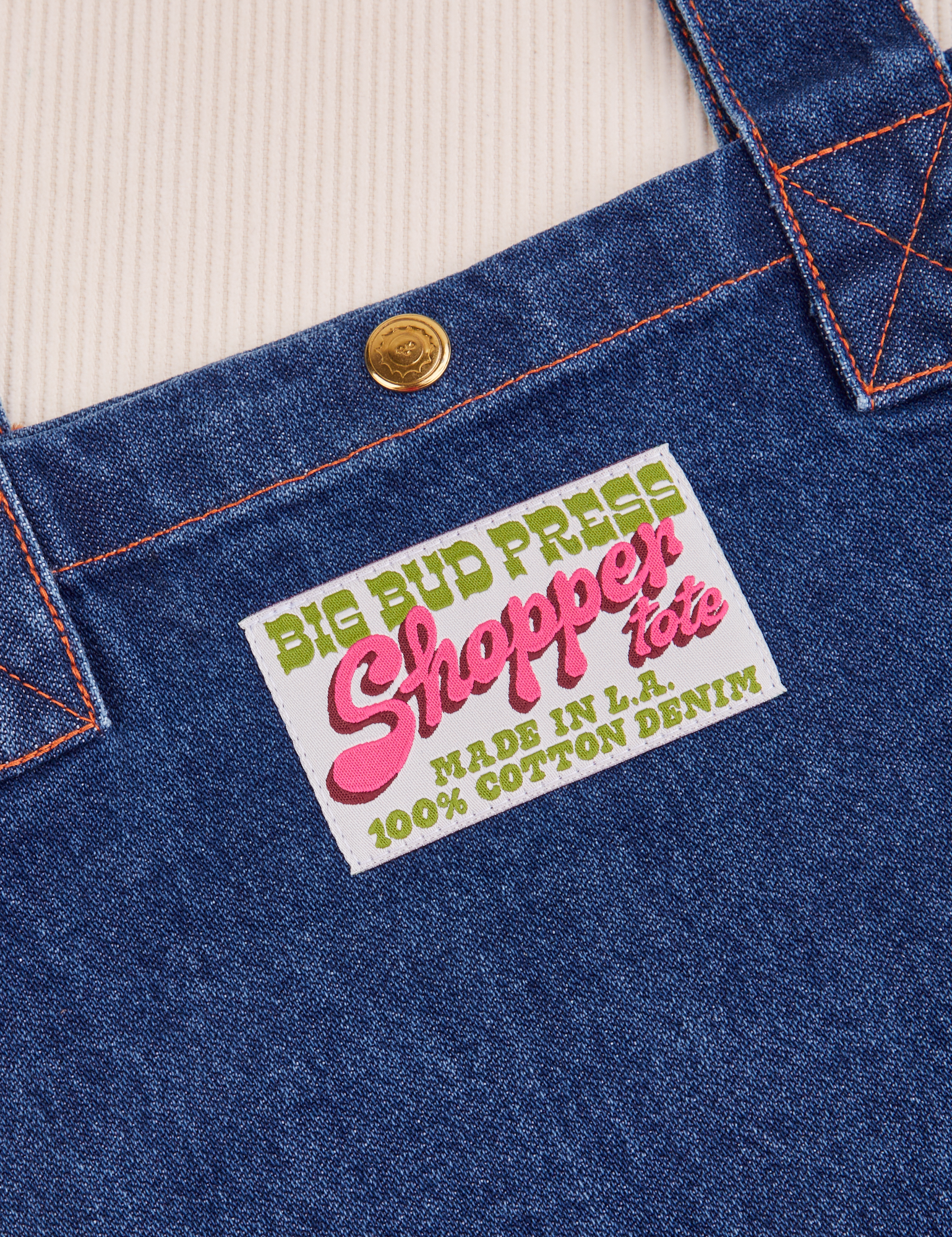 Denim Shopper Tote Bag in Dark Wash label close up