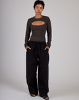 Mika wearing the Espresso Brown Long Sleeve Porthole Tee with Black Drop Pocket Pants