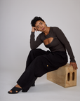 Mika wearing the Espresso Brown Long Sleeve Porthole Tee with Black Drop Pocket Pants