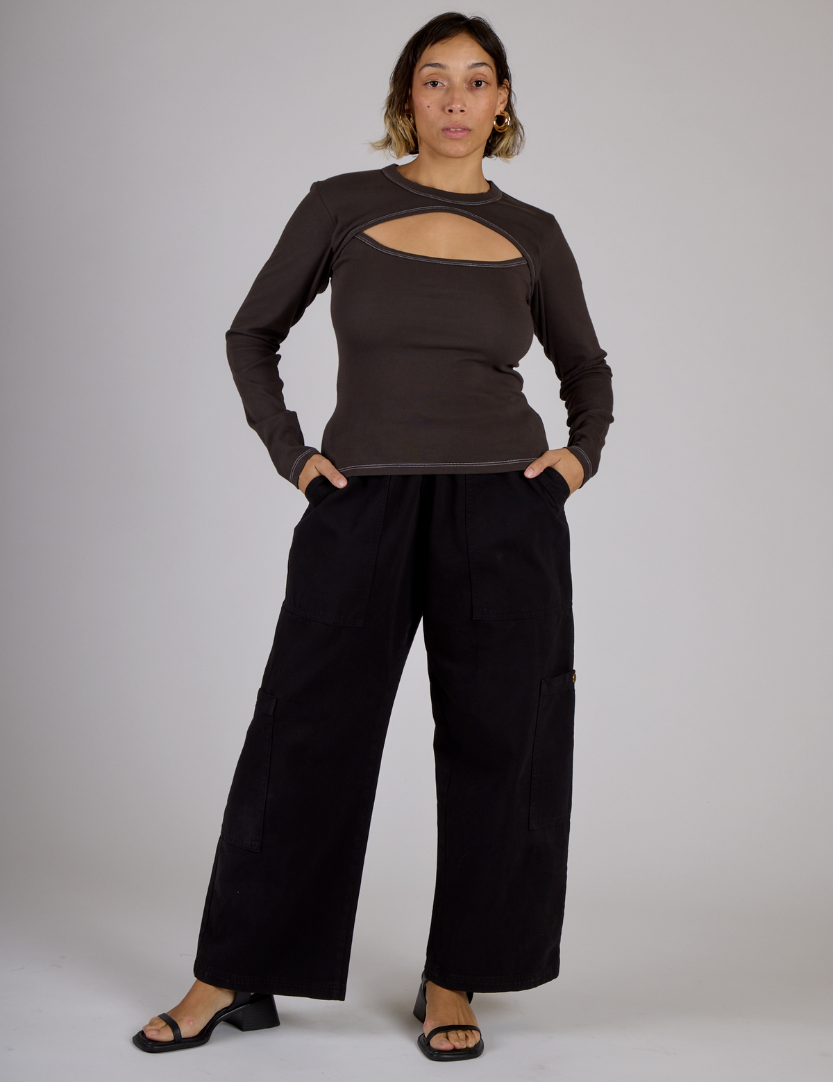 Tiara wearing the Espresso Brown Long Sleeve Porthole Tee with Black Drop Pocket Pants