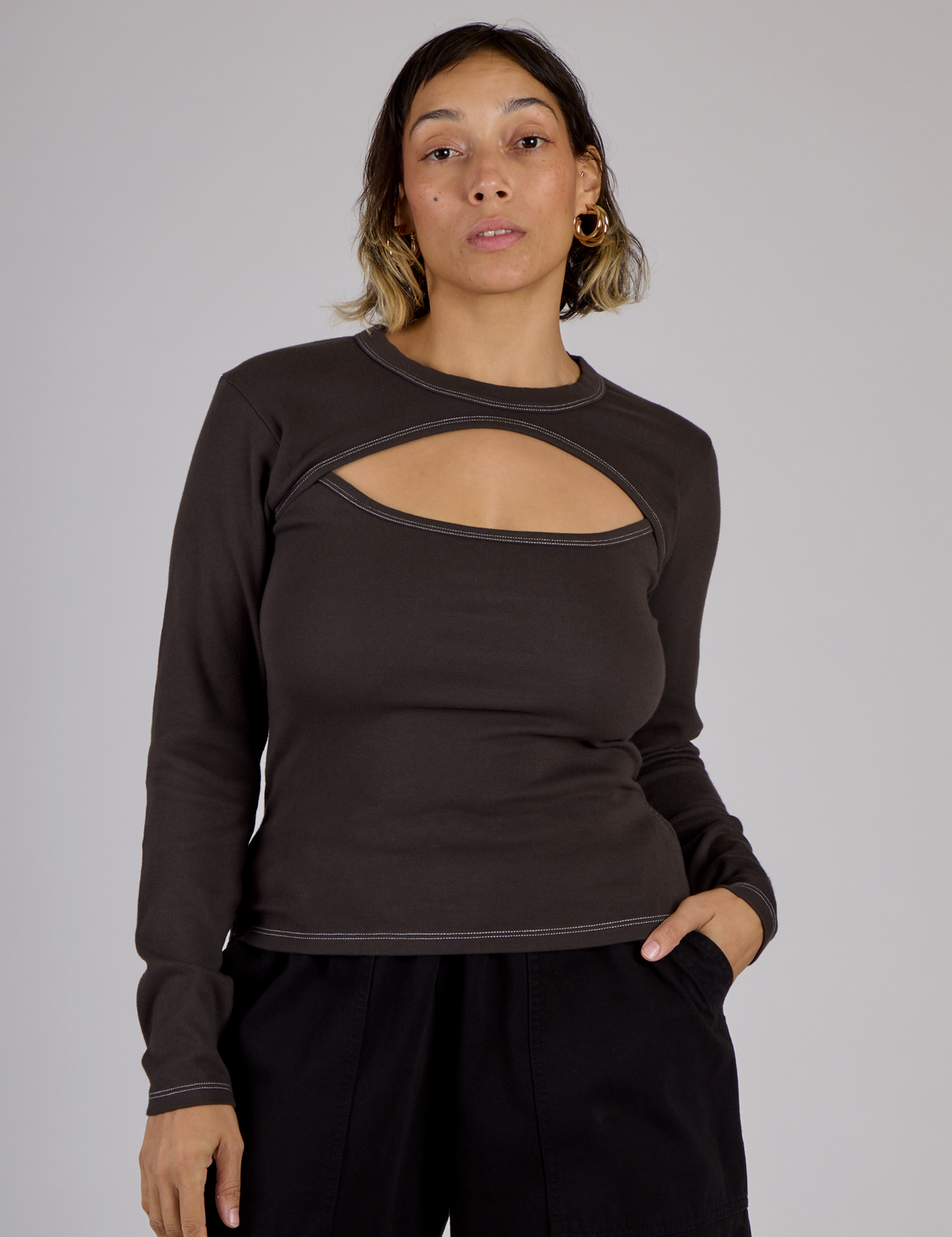 Tiara is 5'4" and wearing XS Espresso Brown Long Sleeve Porthole Tee