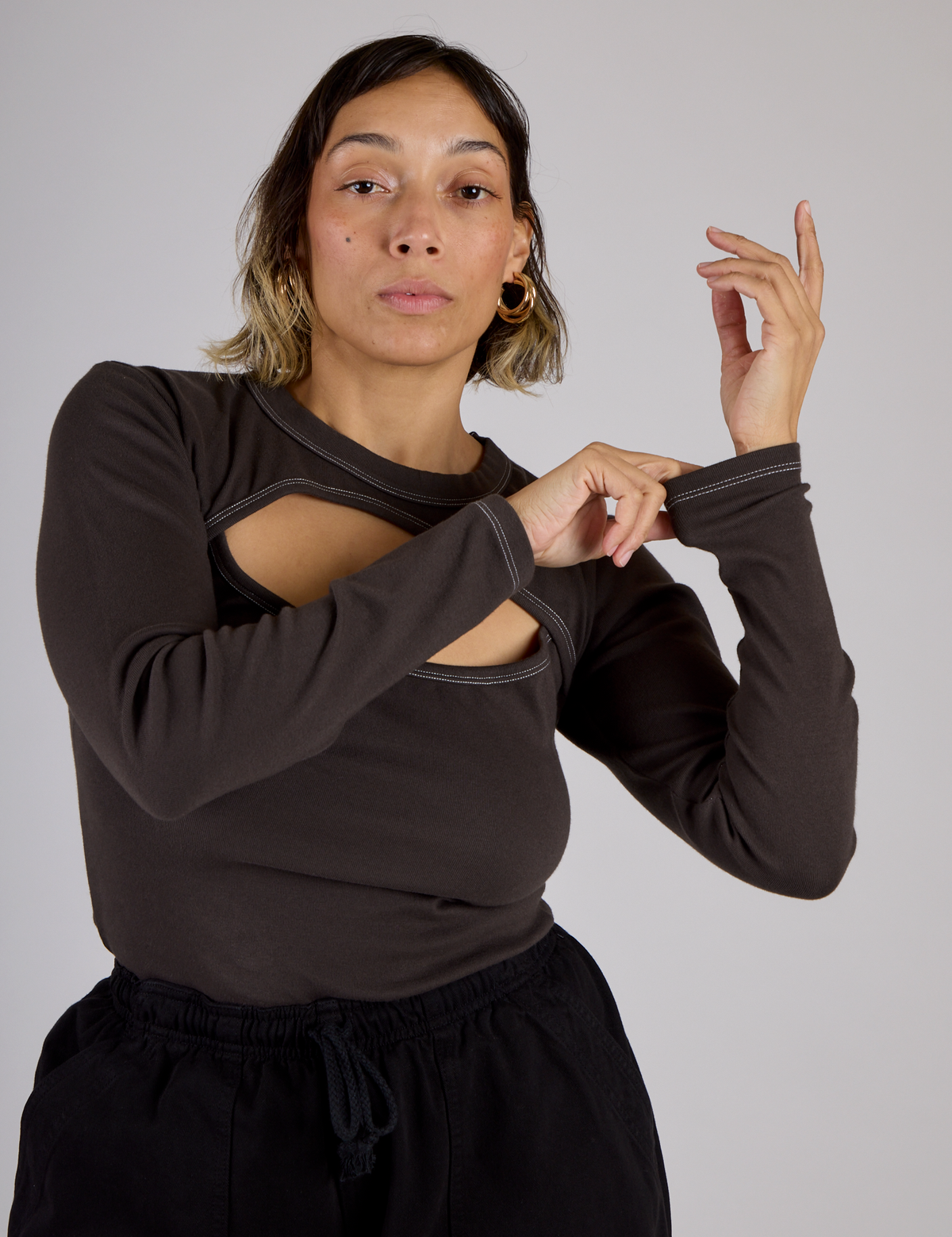 Tiara wearing the Espresso Brown Long Sleeve Porthole Tee