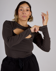 Tiara wearing the Espresso Brown Long Sleeve Porthole Tee