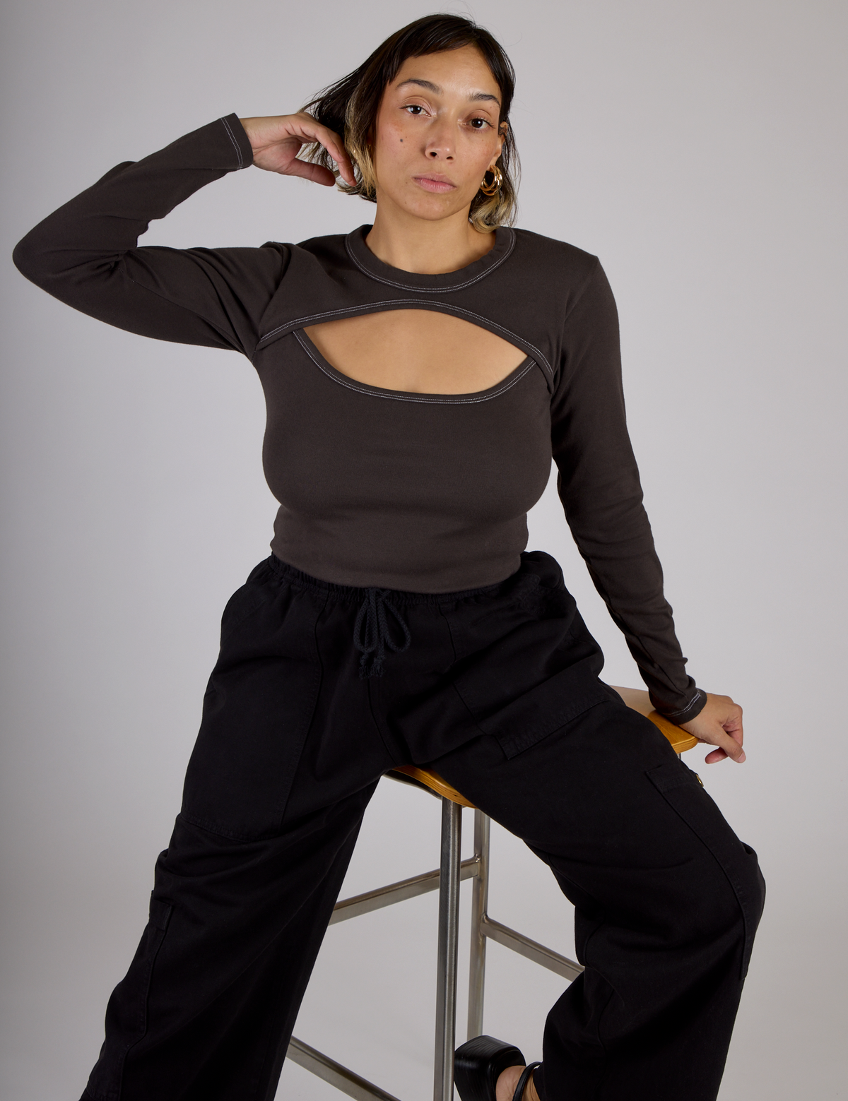 Tiara wearing the Espresso Brown Long Sleeve Porthole Tee with Black Drop Pocket Pants