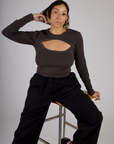 Tiara wearing the Espresso Brown Long Sleeve Porthole Tee with Black Drop Pocket Pants