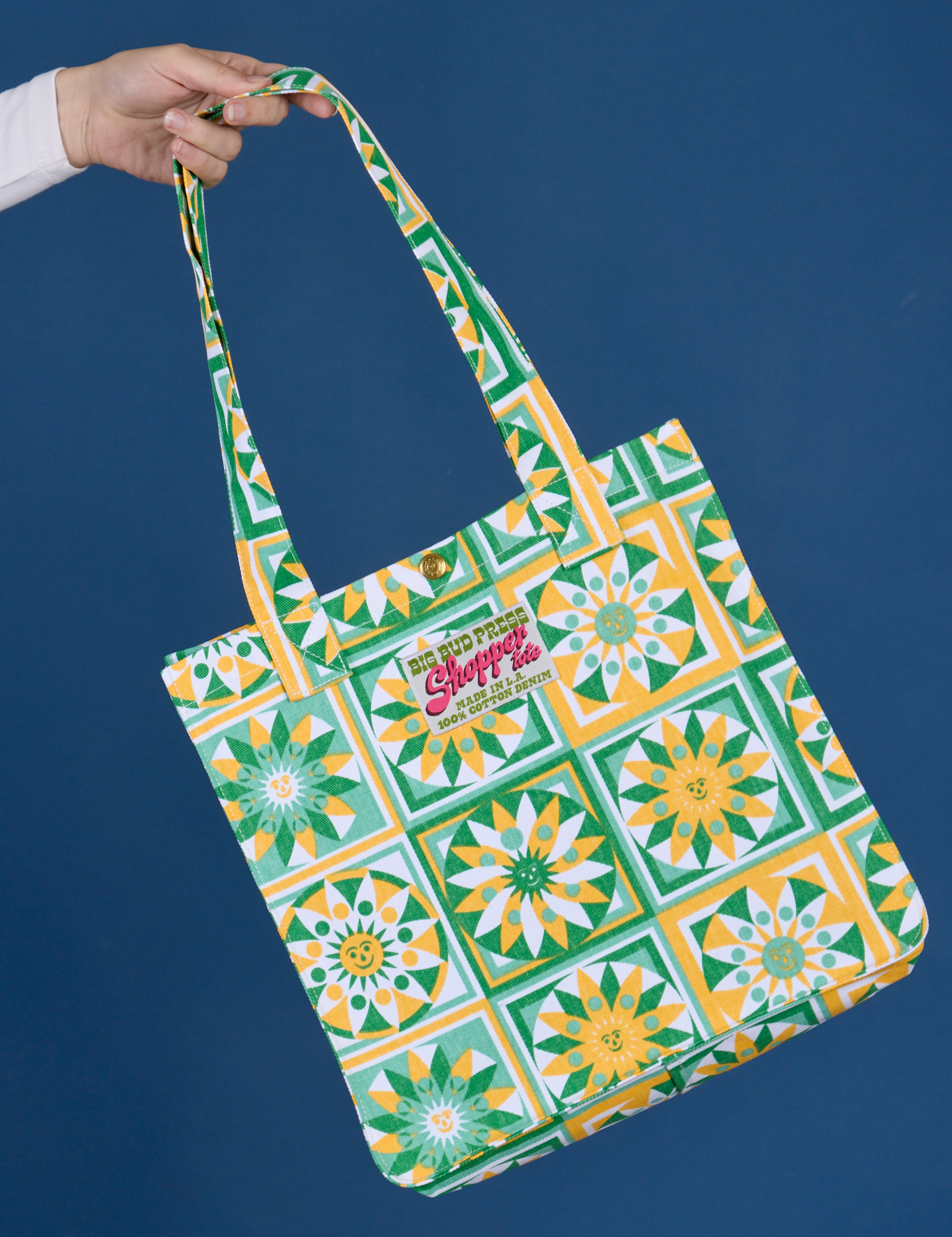 Spring Quilt Print Shopper Tote held by model