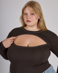 Juliet wearing the Espresso Brown Long Sleeve Porthole Tee