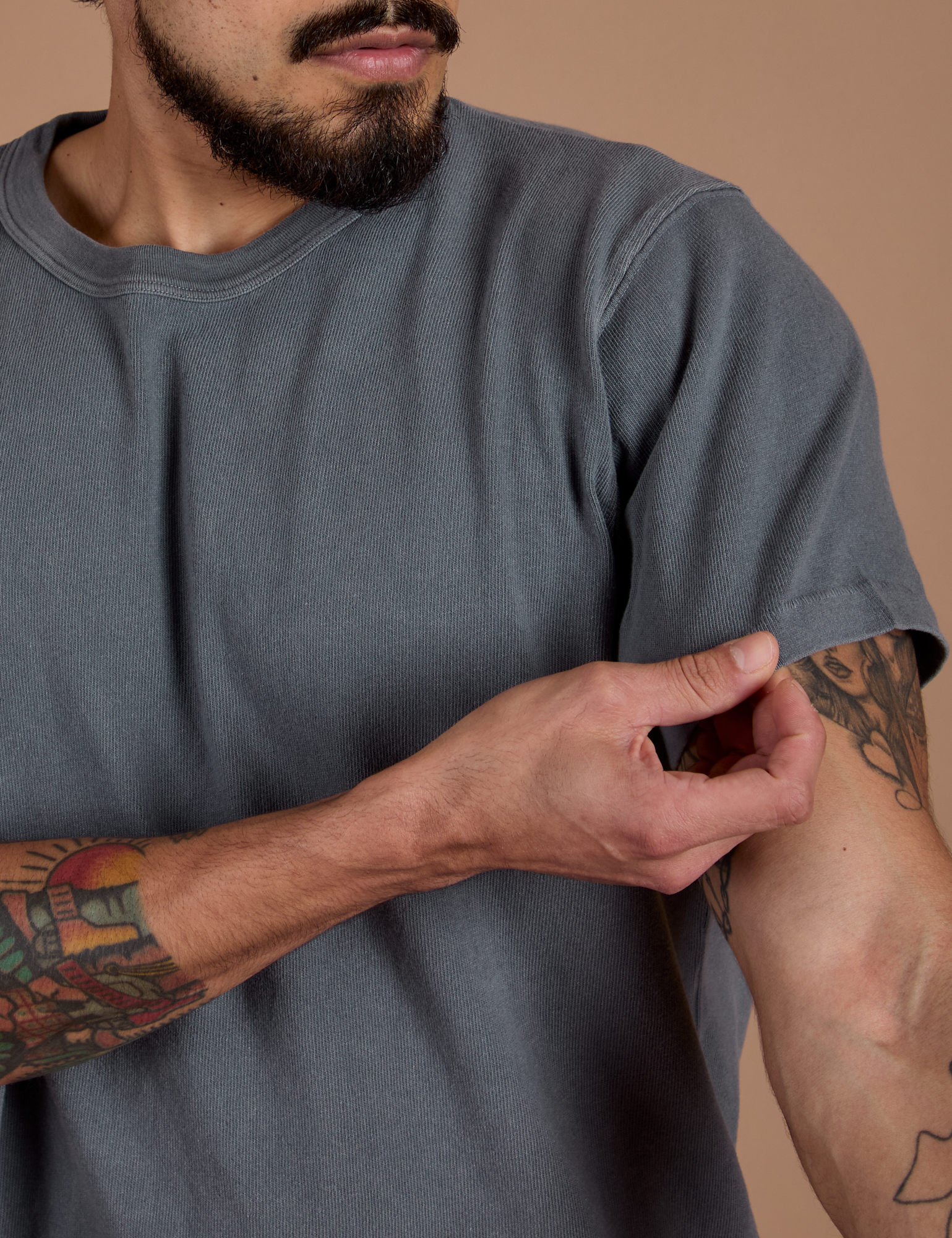 Burly Tee in Washed Grey front close up on Jesse