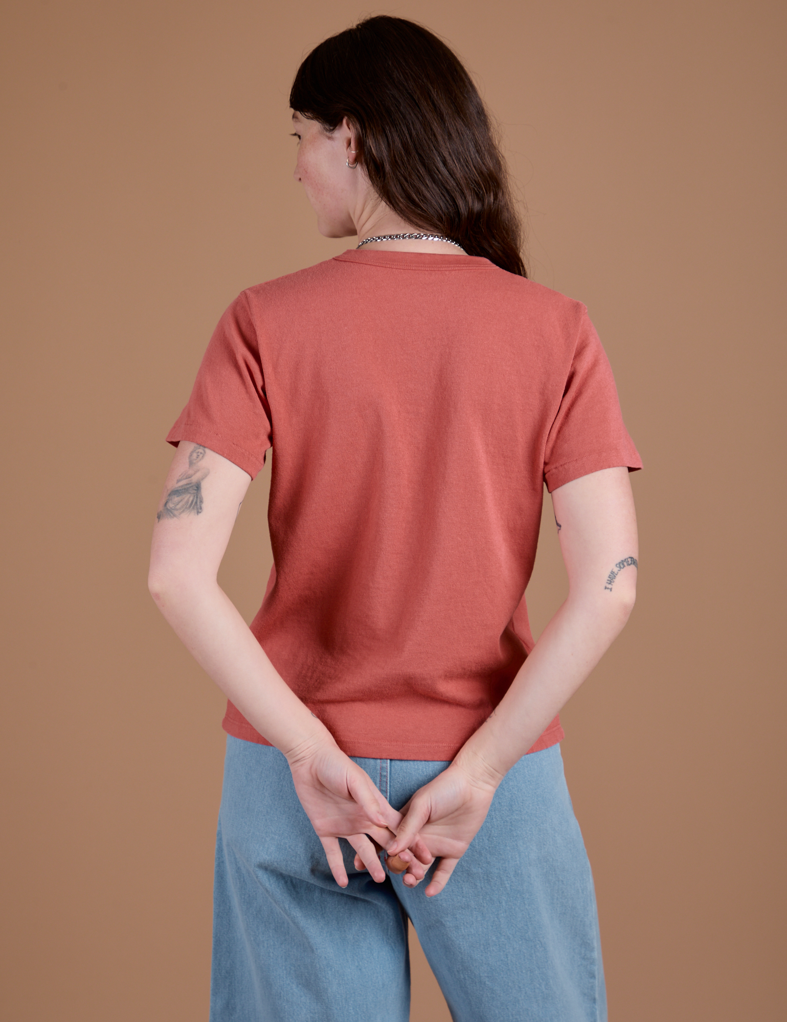 Burly Tee in Raspberry Sorbet back view on Alex