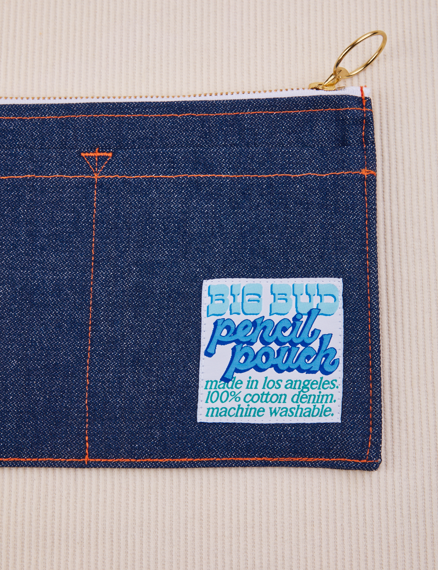 Close up of Pencil Pouch in Dark Wash Denim