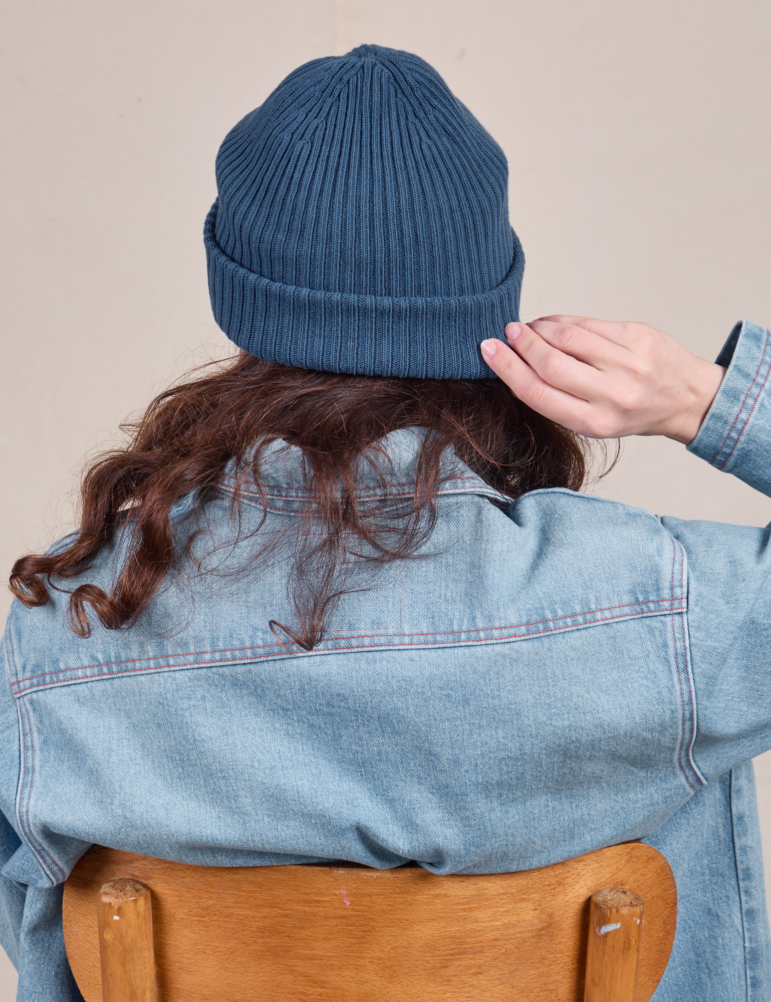 Back view of Ribbed Beanie in French Blue on Alex