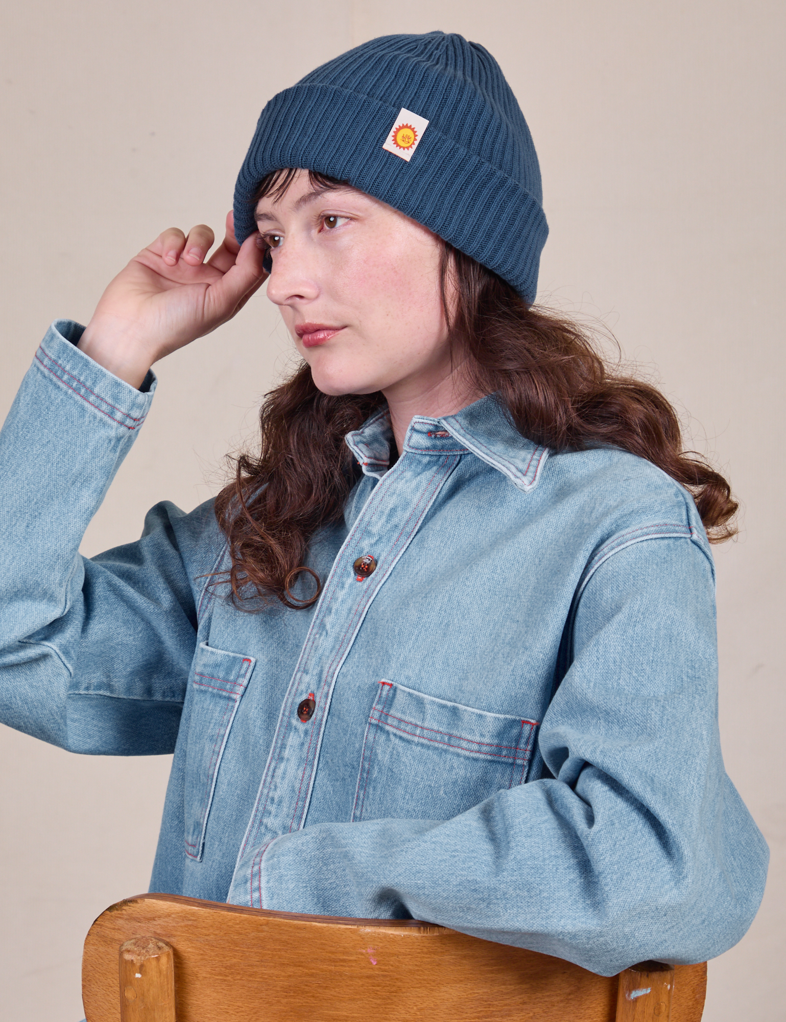 French Blue Ribbed Beanie on Alex