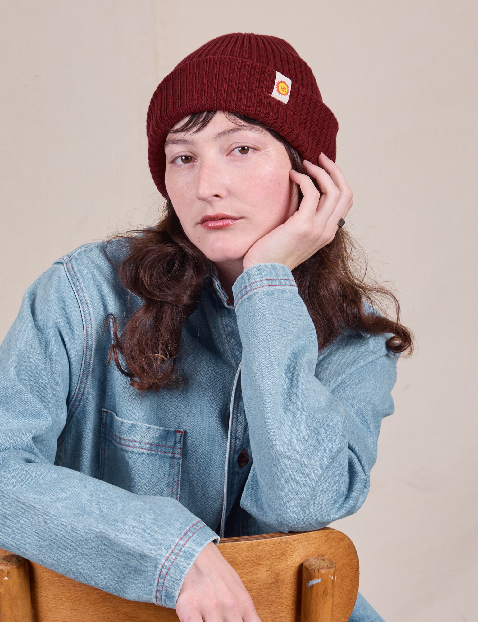 Red Wine Ribbed Beanie on Alex