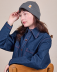 Alex is wearing Ribbed Beanie in Slate Grey