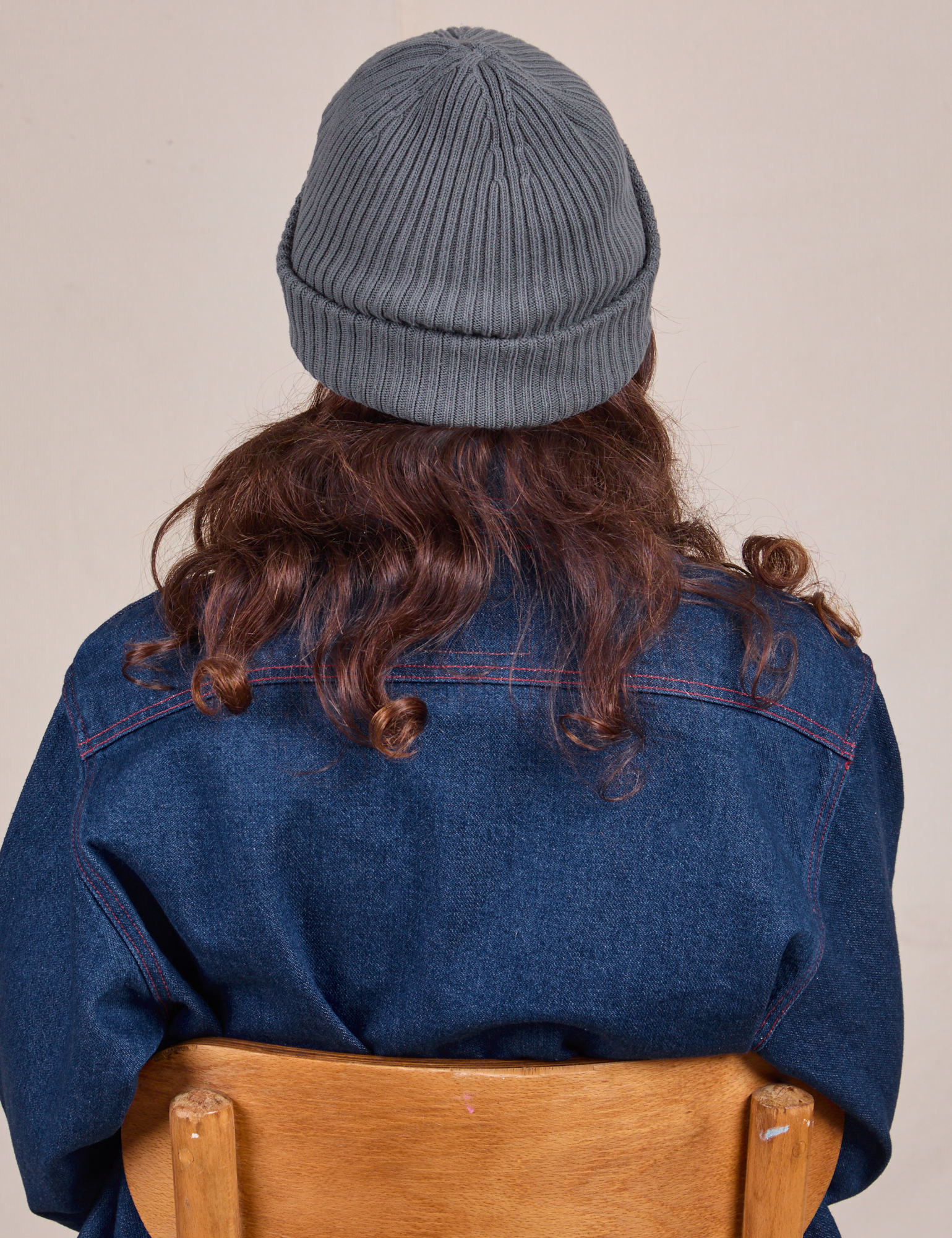 Back view of Ribbed Beanie in Slate Grey on Alex