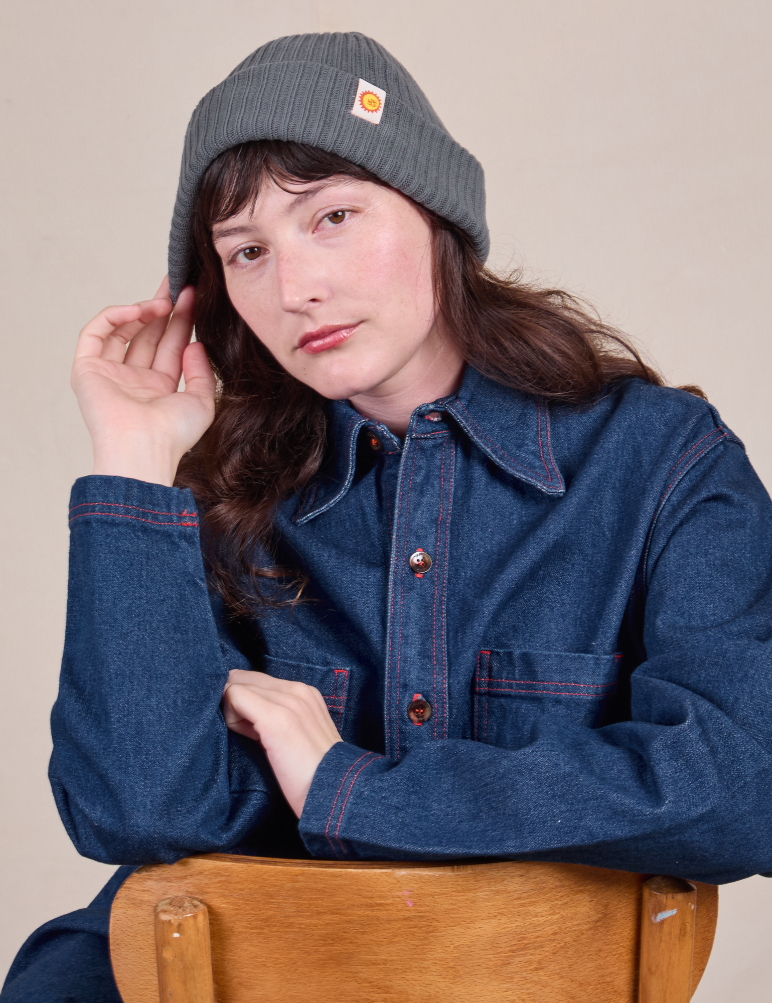 Slate Grey Ribbed Beanie on Alex